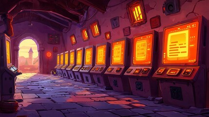 Poster - A colorful animated interior showcasing multiple retro computer screens against a stone wall, with an enchanting sunset outside.