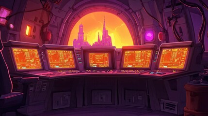 Poster - Futuristic control room with glowing screens and a sunset view of a city skyline.