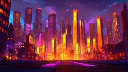 Poster - A vibrant city skyline illuminated by bright lights at dusk in a colorful flat design.