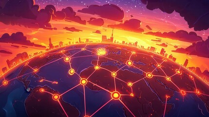 Poster - A vibrant sunset over a globally connected city skyline, illustrating technology and connectivity.