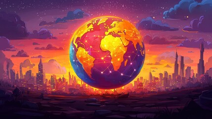 Poster - A vibrant digital art of Earth with a glowing network-overlay during sunset, showcasing a futuristic city skyline.