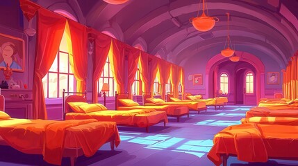 Poster - A brightly lit interior of a room with multiple beds and large windows, featuring warm curtains.