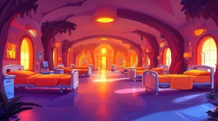 Poster - A colorful hospital room with vibrant decor and tree-like structures, creating a unique healing environment.