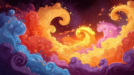 Poster - A vibrant depiction of swirling clouds in purple, orange, and yellow hues against a starry background.