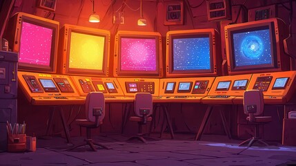 Poster - A colorful control room with multiple screens showcasing cosmic imagery in a sci-fi setting.