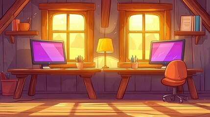 Poster - Cozy workspace with two computers and a warm sunset glow.