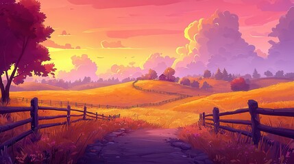 Poster - A picturesque landscape at sunset featuring rolling hills and a serene sky.