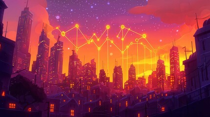Poster - A vibrant city skyline at sunset, showcasing tall buildings and a colorful sky filled with stars and connecting lines.