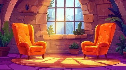Poster - A cozy indoor scene featuring two orange chairs by a sunlit window, with plants emphasizing a warm atmosphere.