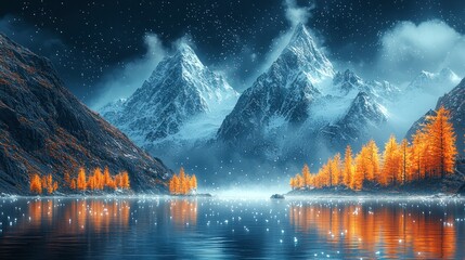 Poster - Snowy mountains, trees, and lake at night