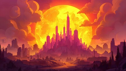 Poster - A vibrant city skyline silhouetted against a large, bright sun, with layered clouds creating a dramatic atmosphere.