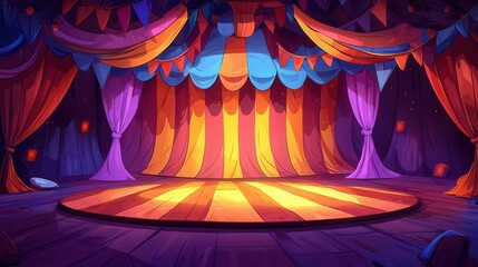Poster - A vibrant circus stage with colorful curtains and bright lanterns, creating a festive atmosphere.