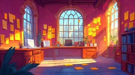 Poster - A vibrant workspace with large windows, plants, and sticky notes, capturing a creative atmosphere.