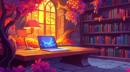 Poster - A cozy indoor scene with a laptop on a wooden table, surrounded by colorful plants and books in a warm light setting.