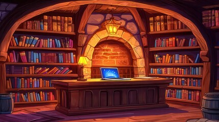 Poster - Cozy library interior featuring shelves of books, a warm light, and a laptop on a wooden desk.