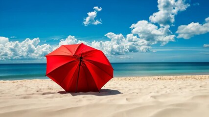Wall Mural - Bright red umbrella stands out on empty sandy beach under clear blue sky, Bright red umbrella on empty sandy beach under clear blue sky with clouds