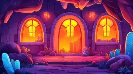 Poster - A vibrant 2D cartoon depiction of a mystical stone entrance with glowing windows and colorful plants.