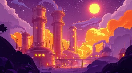 Poster - A vibrant sunset view of industrial buildings with smokestacks, showcasing a colorful sky and a peaceful night atmosphere.