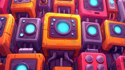Poster - Colorful abstract 2D illustration of stacked robots with glowing elements.