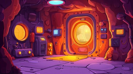 Poster - A brightly colored cartoon-style interior of a futuristic room with glowing panels and a circular door.