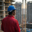© leilb - the image of an Indian face engineer with blue cap and red shirt standing confidently seeing a building construction site and engineer tools back view symbolizing