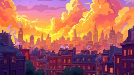 Poster - A vibrant sunset cityscape with colorful clouds over buildings, depicting urban life in a cartoon style.