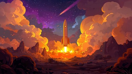 Poster - A cartoon rocket launches through colorful clouds in a starry sky, showcasing vibrant colors and a whimsical design.