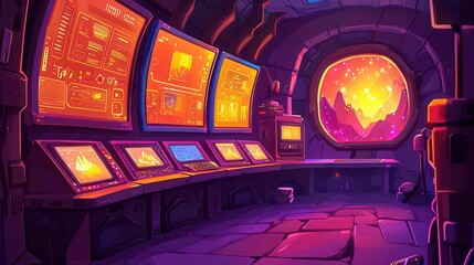 Poster - Futuristic control room with glowing screens and a vibrant cosmic window view.