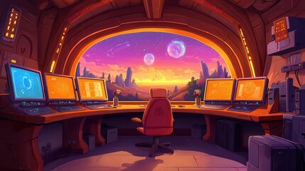 Poster - A vibrant, futuristic control room with multiple screens, set against a cosmic backdrop of planets and a colorful sunset.