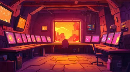 Poster - Futuristic control room with multiple screens and a scenic view of a vibrant sunset.