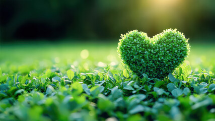 green heart shape tree grow on grass background with bokeh, idea of earth day, copy space	
