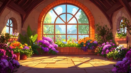 Poster - A vibrant indoor garden filled with colorful flowers and plants, seen through large arched windows.