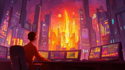 Poster - A futuristic view of a city at sunset with a person analyzing data from multiple screens. Ethnic background not specified.