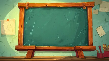 Poster - A blank chalkboard framed in wood, set against a textured wall with scattered papers and stationery.