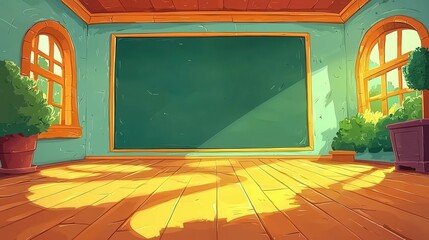Poster - A bright and colorful classroom interior with large windows, a chalkboard, and potted plants in a cartoon style.