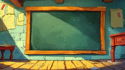 Poster - A vibrant cartoon classroom scene featuring a chalkboard wall and wooden furniture.