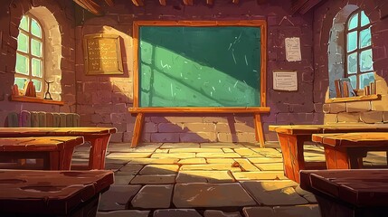 Poster - A cozy classroom interior with wooden desks and a chalkboard, featuring light streaming in through green-framed windows.
