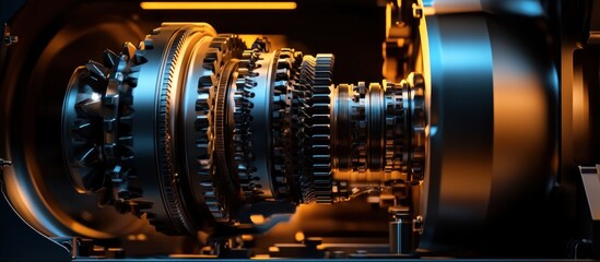 Wall Mural - Close-up of complex metallic gears and intricate machinery.