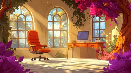 Poster - A serene workspace with an orange chair, bright windows, and purple flowers, showcasing a peaceful, creative atmosphere.