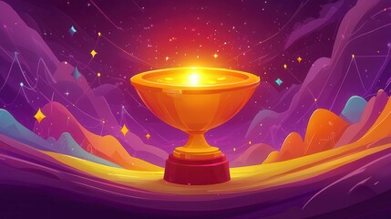 Poster - A vibrant golden trophy shines against a cosmic background filled with stars and colorful mountains.