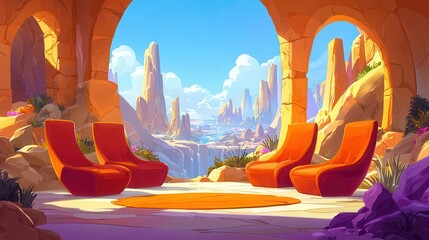 Poster - A serene view from an archway with orange chairs overlooking a picturesque landscape with mountains and a river.