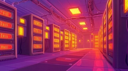 Poster - A vibrant, animated server room with glowing orange lights illuminating rows of servers in a technological setting.