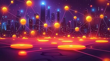 Poster - A vibrant cityscape at night featuring interconnected glowing orbs in an abstract style.