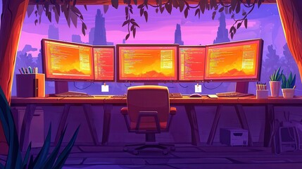 Poster - A vibrant workspace with multiple monitors showcasing code, set in a lush, animated background.