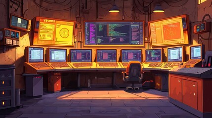 Poster - A futuristic control room featuring multiple monitors displaying code and data.
