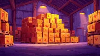 Poster - A colorful warehouse interior filled with stacked boxes, showcasing a vibrant and organized storage space.