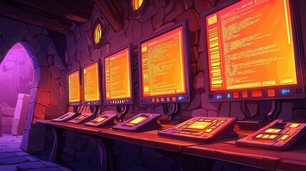 Poster - A vibrant, cartoon-style depiction of a medieval room filled with futuristic computers displaying code.