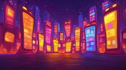 Poster - A vibrant futuristic cityscape with glowing mobile devices as buildings against a starry sky.