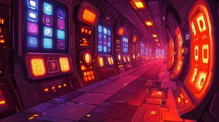 Poster - A sci-fi corridor filled with colorful panels and glowing lights, creating a futuristic atmosphere.