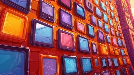 Poster - Colorful wall of vintage televisions in a cartoon style, showcasing a creative and vibrant design.